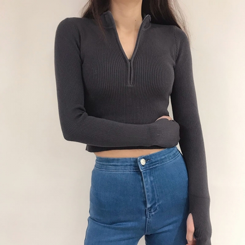 Retro V-neck sexy slim slimming zipper long-sleeved sweater
