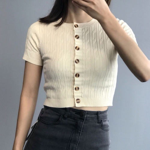 Round neck twist pit strip high waist short sleeve sweater