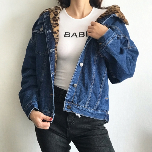 Retro leopard print plus velvet thick denim short jacket