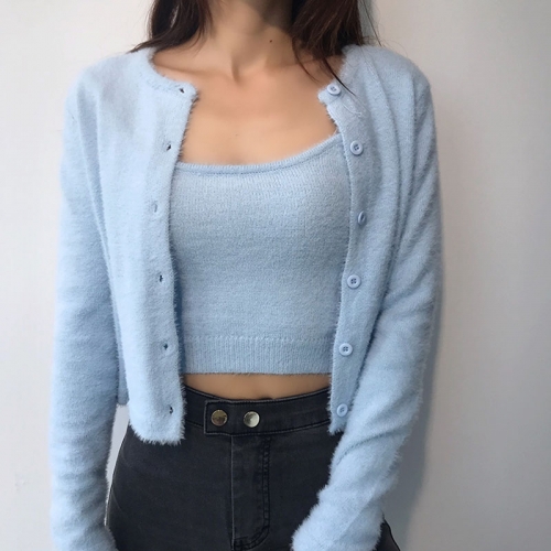 Retro hipster mohair two-piece knitted cardigan