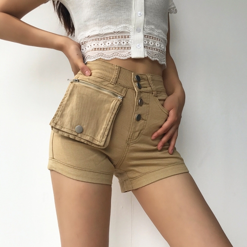 New women's pocket detachable high waist candy color stretch denim shorts