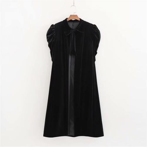 Velvet bow sleeveless loose cape long cloak coat