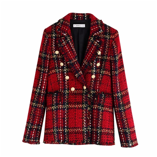 Double-breasted loose and slim long-sleeved plaid woolen blazer