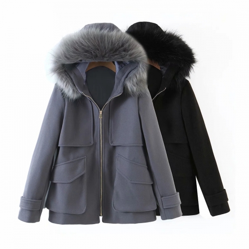 Black woolen hooded coat with fur collar