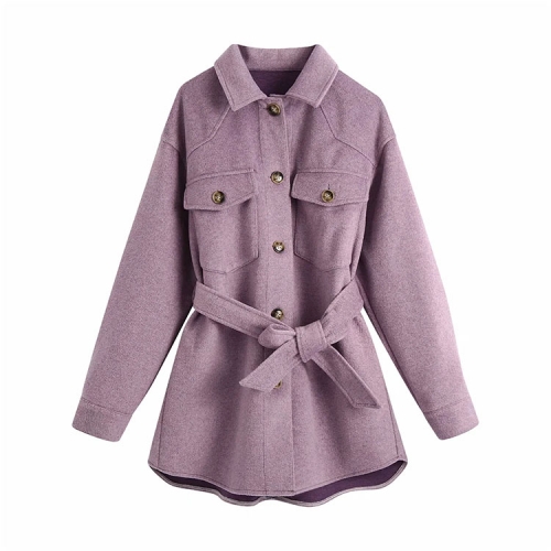 Double-sided woolen mid-length jacket with pockets and belt