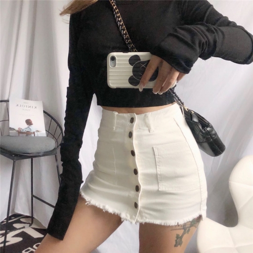 Single-breasted denim skirt with high stretch wrap hips and raw edges