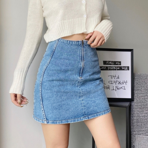 Thin washed denim skirt with front zipper design