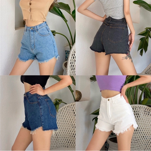 Denim shorts with one button hem and raw edges