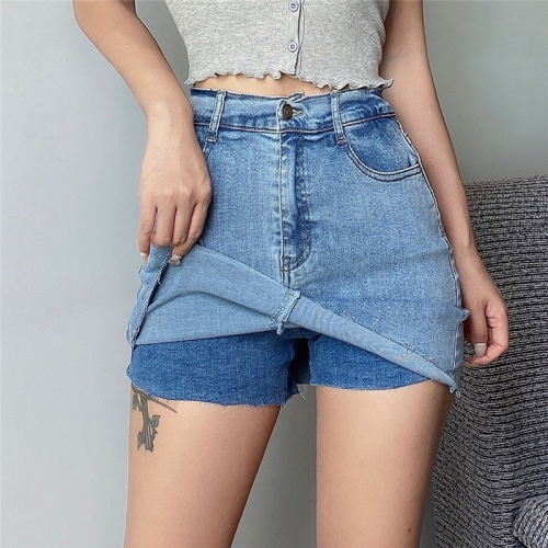 Thin stretch denim skirt with raw edges