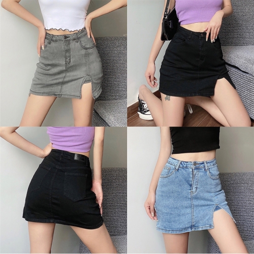 Stretch unilateral split hip denim skirt