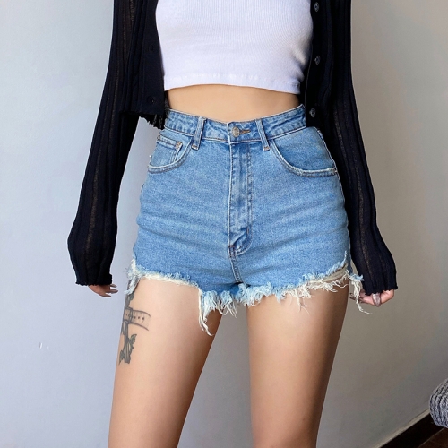 Raw-edge stretch-wrapped denim shorts