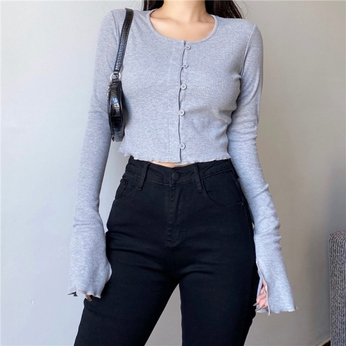 Small round neck thread pit strip cuff split long sleeve T-shirt