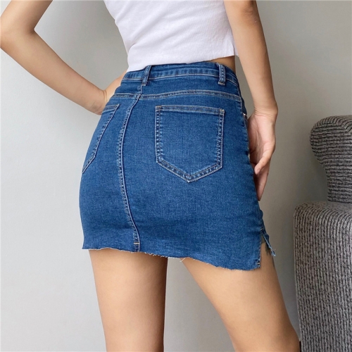 Stretch denim skirt with slit hem