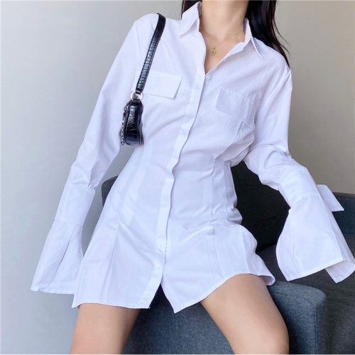 Lapel flared sleeve shirt dress