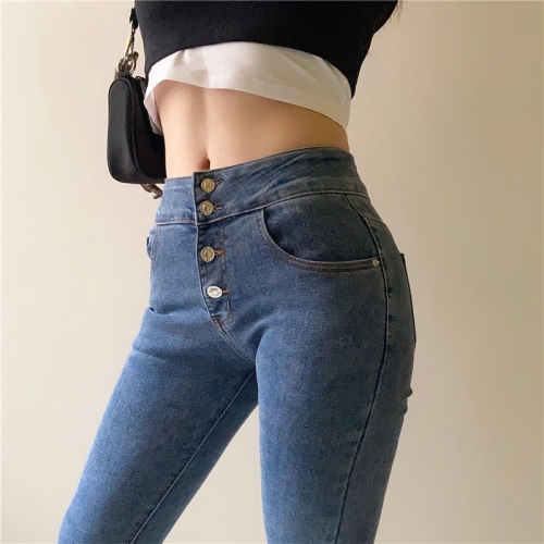 Single-breasted high stretch denim pants trousers