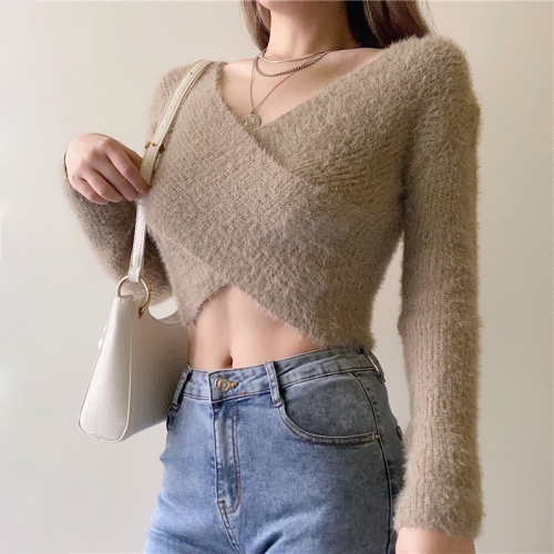 Cross V-neck one-shoulder long-sleeved sweater