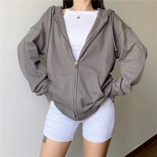 Mid-length solid color hooded sweatshirt