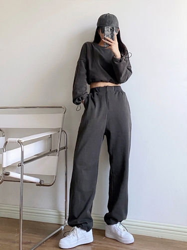 High waist short drawstring plus velvet thick round neck sweater + front zipper harem pants