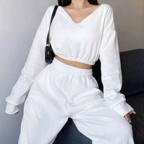 Double V-neck off-shoulder short long-sleeved sweater T-shirt top