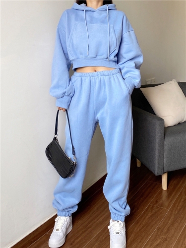 Hooded short pockets plus fleece sweater, high waist loose-fitting trousers, harem pants suit