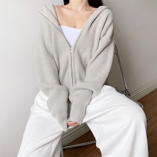 Hooded knitted cardigan padded outer sweater jacket