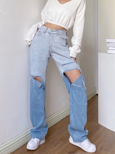 Knee hole gradient wide-leg straight-leg pants