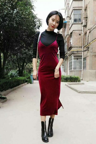 Velvet suspender skirt dress