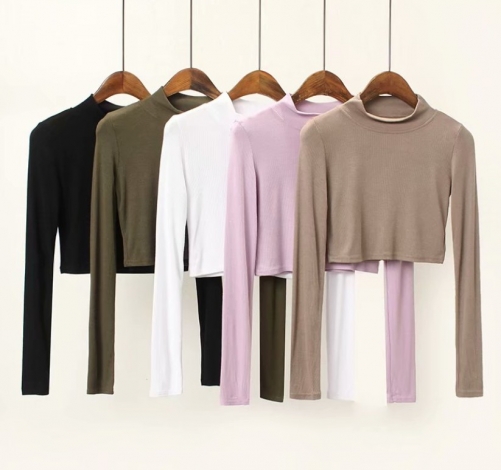 High neck ribbed short long sleeve T-shirt