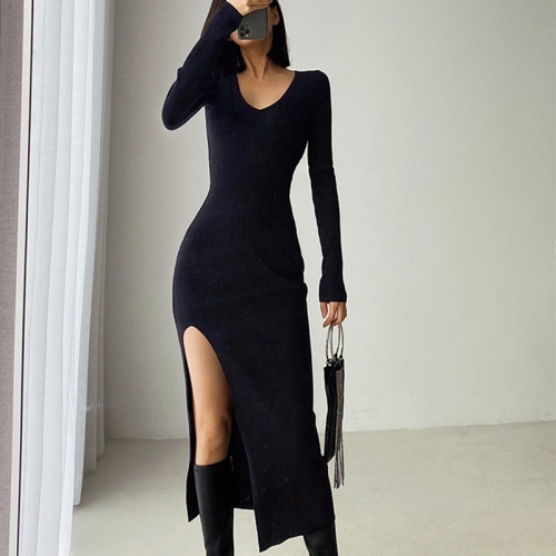 Sexy tight-fitting slim-fit square-neck clavicle long-sleeved dress