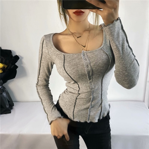 Low round neck stitching chest button long-sleeved T-shirt