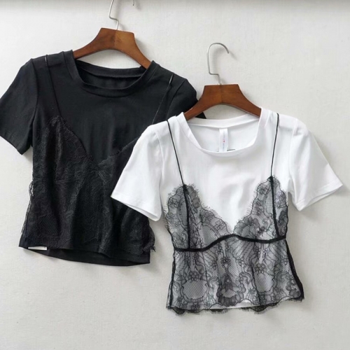Lace sling fake two-piece sling short-sleeved T-shirt