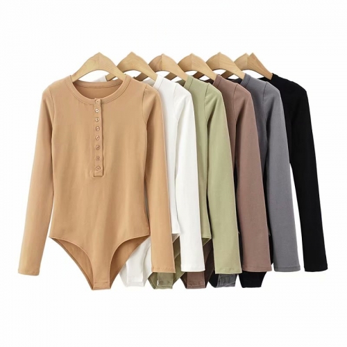 Round neck button long-sleeved slim T-shirt bodysuit