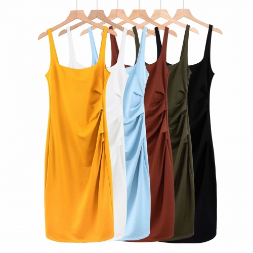 Sexy tight-fitting bag is thin fashion pleated generous neckline dress