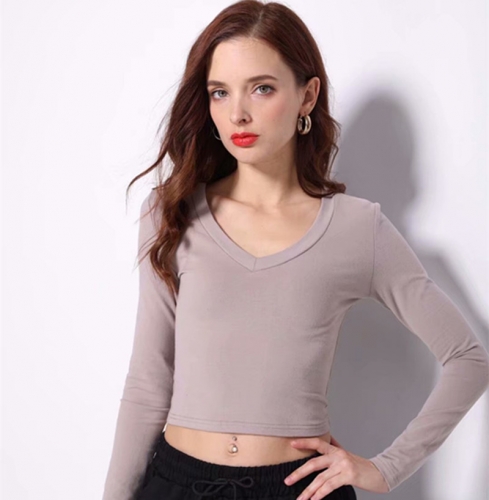 Navel V-neck long-sleeved T-shirt