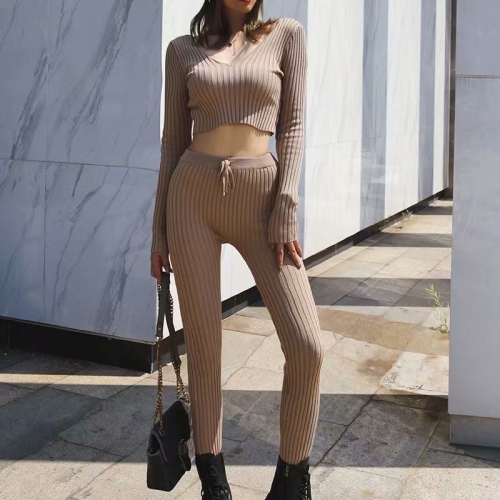 Threaded tight one-shoulder short top + high-waisted leggings suit