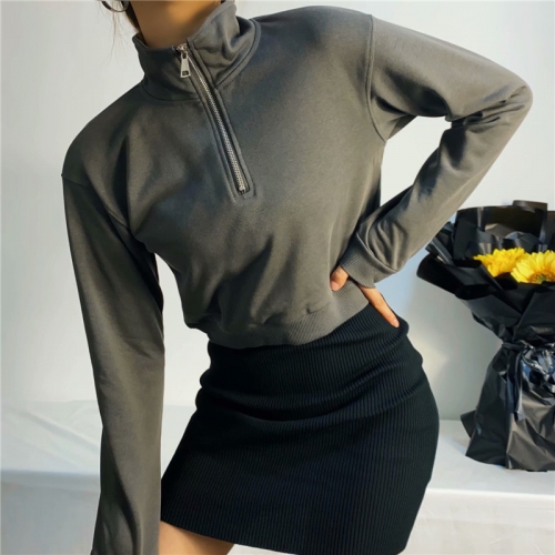 Zipper stand-up collar long-sleeved loose cropped sweatshirt