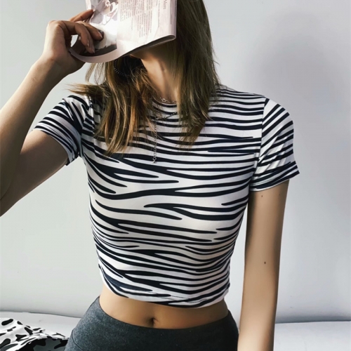 Sexy Navel Zebra Crew Neck Short Sleeve T-shirt