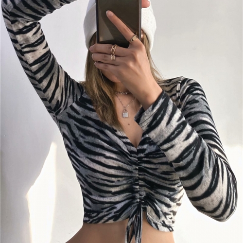 Zebra print V-neck drawstring long sleeve t-shirt