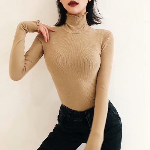 Turtleneck frayed long-sleeved leaky T-shirt