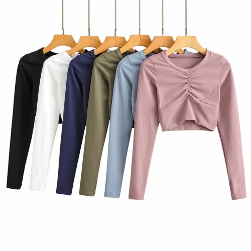 Round neck pleated long-sleeved leaky finger T-shirt