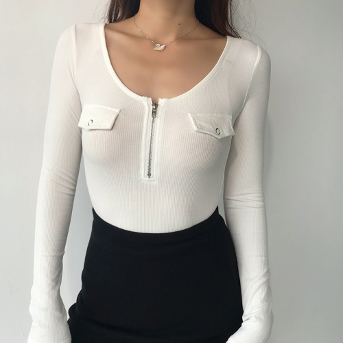 Sexy round neck placket zipper tight stretch long sleeve bodysuit