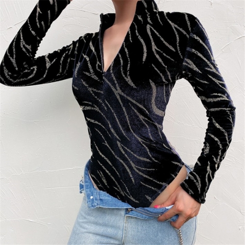 Tiger print gilt zipper half-fronted stand-up collar long-sleeved T-shirt