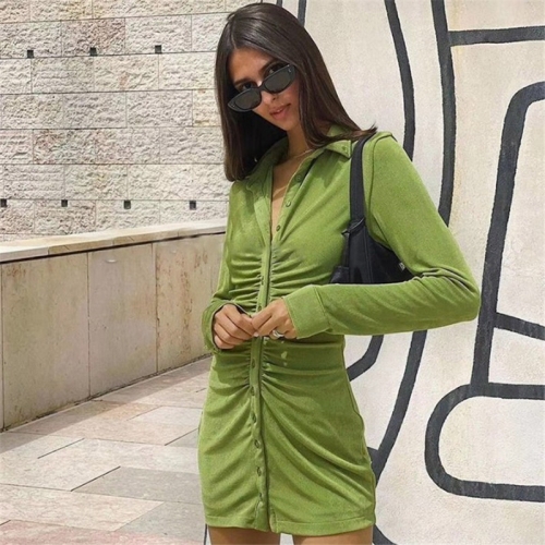 Lapel buttoned ins long sleeve dress