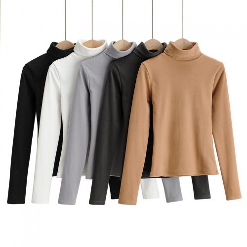 High-neck pile-neck thickened brushed cotton long-sleeved T-shirt