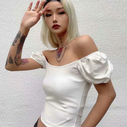 High waist navel all-match puff sleeve T-shirt