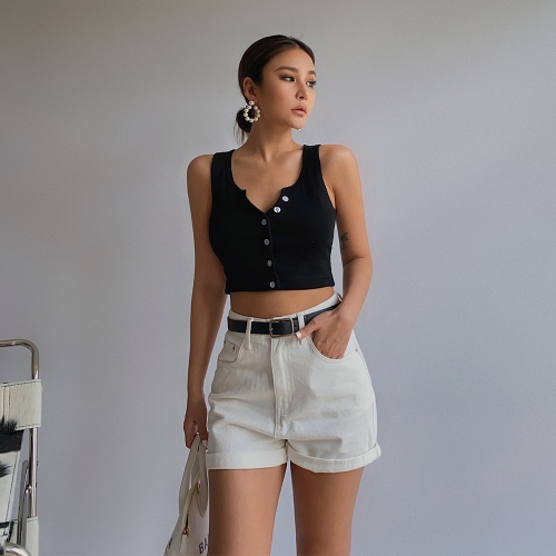 Rolled high waist denim shorts