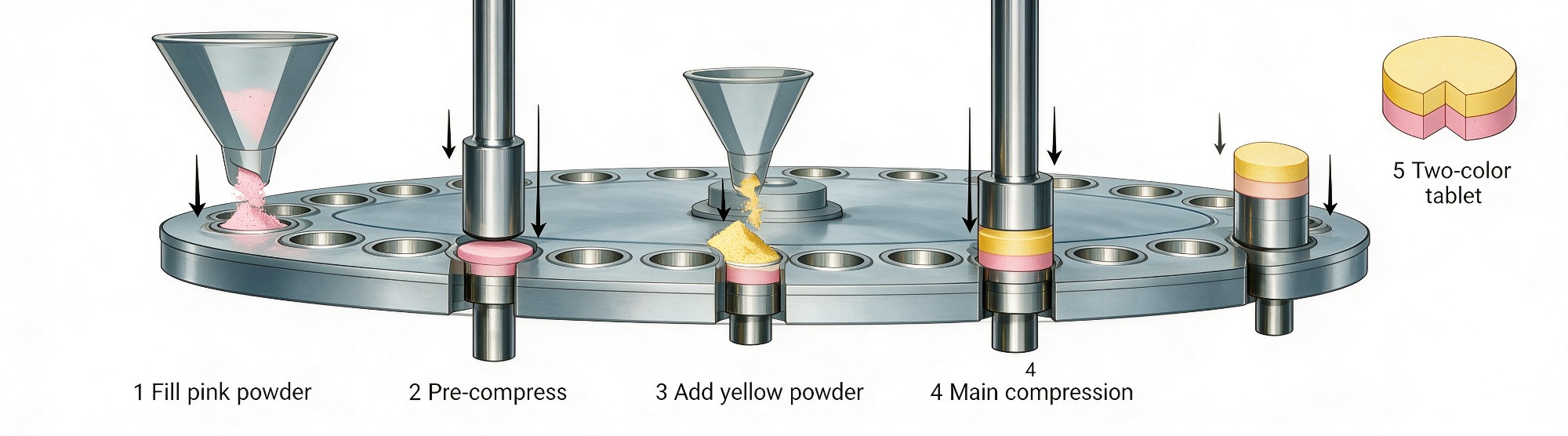 Working flow chart of two-color bilayer tablet making, rotary tablet press punch & die compression principle