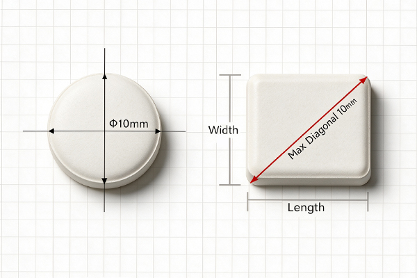 How to measure special-shaped tablets, comparison of Φ10mm round tablet and rectangular tablet with 10mm maximum diagonal length