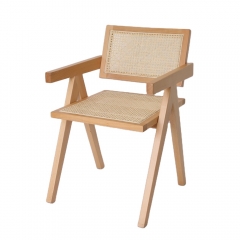 Solid Wood Rattan Armchair Dining Pierre Jeanneret Style Dining Chair with Rattan Seat