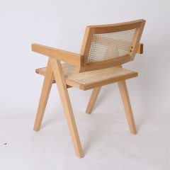Solid Wood Rattan Armchair Dining Pierre Jeanneret Style Dining Chair with Rattan Seat